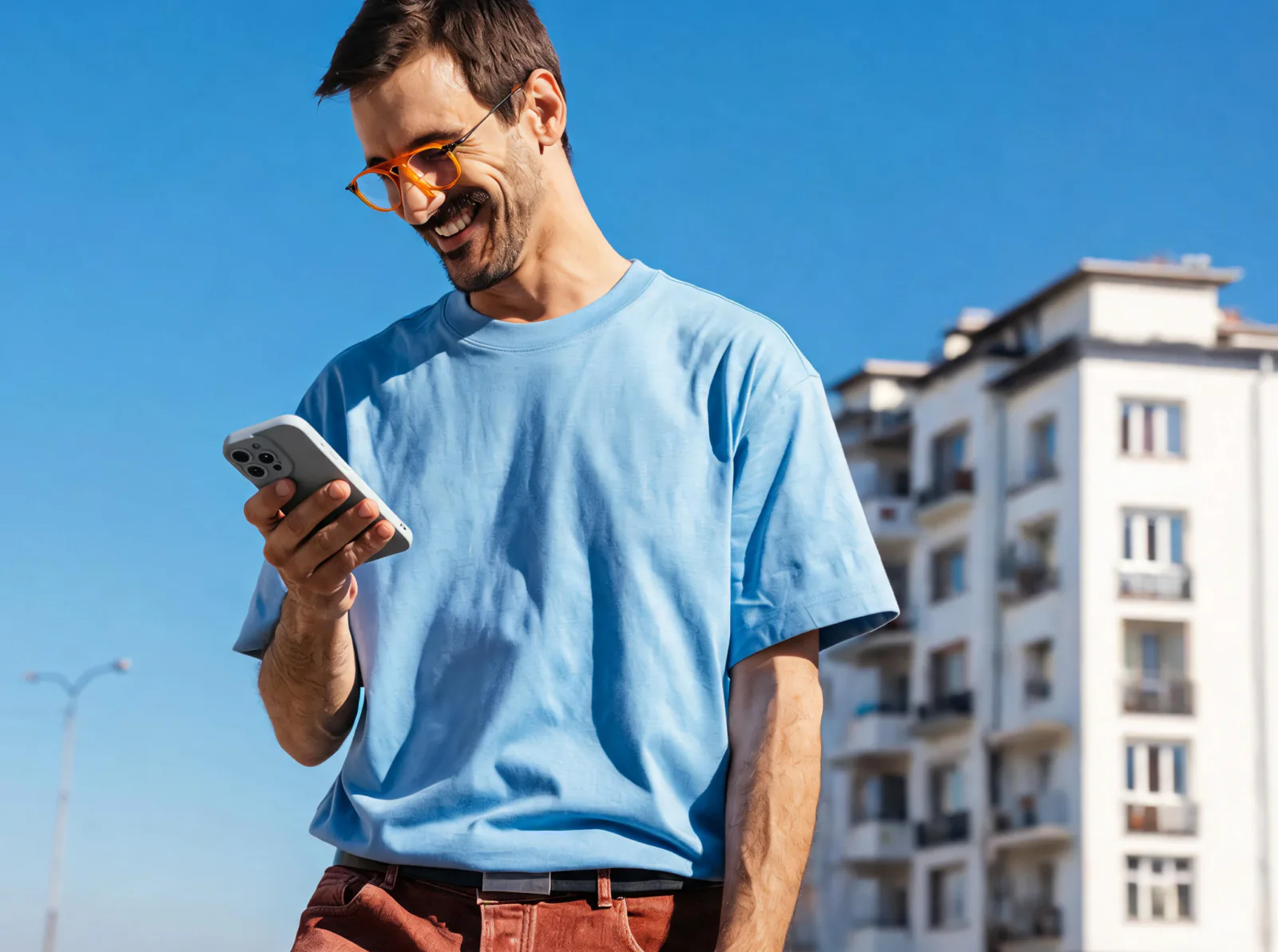 Person mit Smartphone vor einem Gebäude