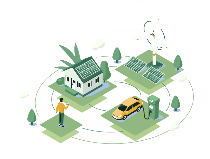 Illustration eines Ökosystems mit einem Haus, das Solarpaneele auf dem Dach hat, ein Mann, der ein Handy hält, ein Elektroauto, das an eine Ladestation angeschlossen ist, und ein Windrad im Hintergrund.