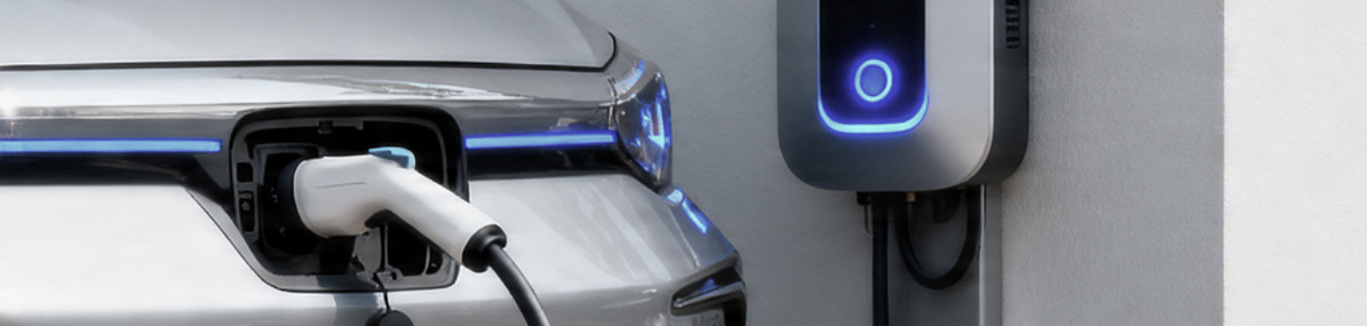 Wallbox an der Wand montiert lädt ein Elektroauto in der Garage