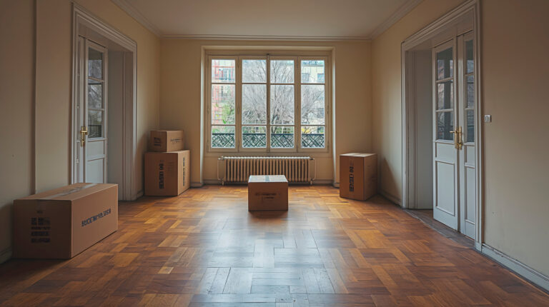 Wohnzimmer ohne Möbel und Umzugskartons