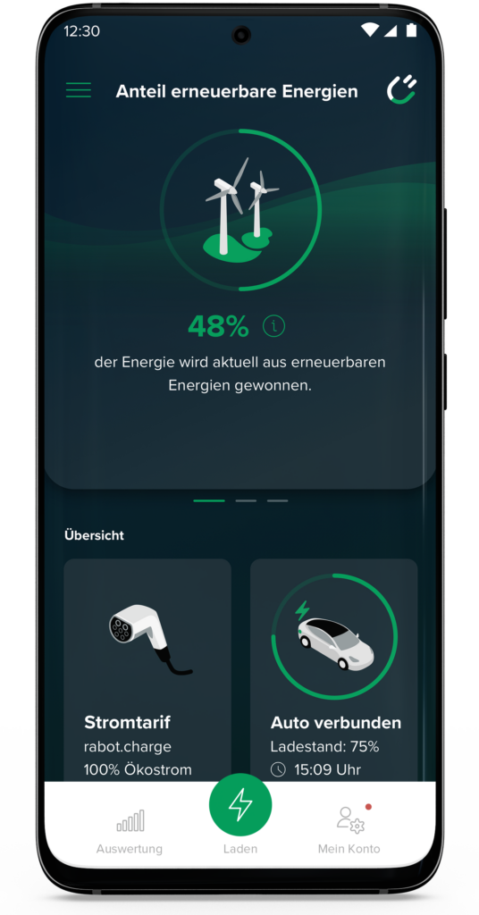 Anteil erneuerbaren Energien im Stromnetz angezeigt in der App von Rabot Charge