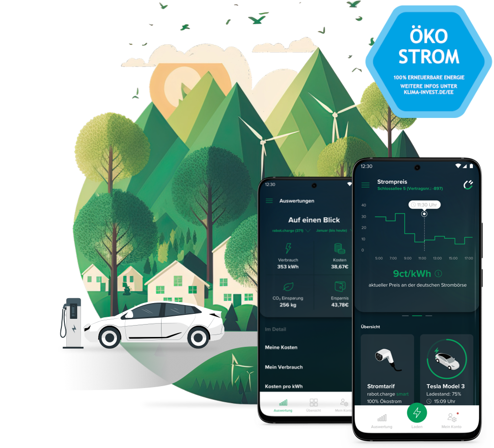 Der dynamische Stromtarif für Haushalt und E-Auto mit 100% Ökostrom von RABOT Charge.