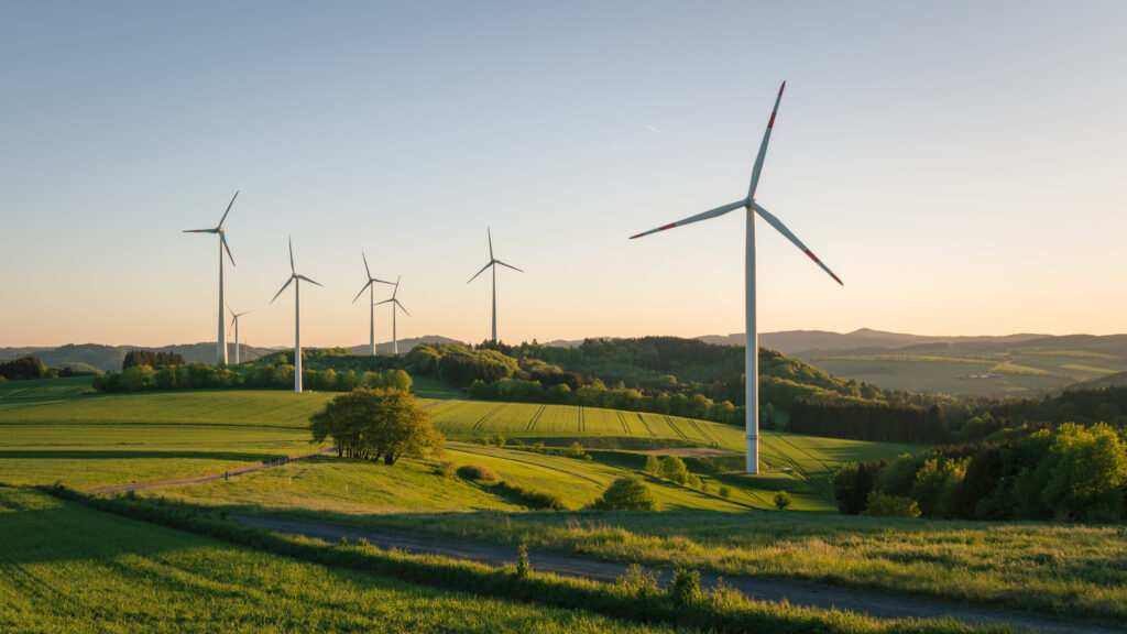 Eine Reihe von Windkraftanlagen steht in einer grünen, hügeligen Landschaft unter einem klaren Himmel. Die Windturbinen drehen sich im Wind und erzeugen erneuerbare Energie, während die Sonne tief am Himmel steht und das Land in warmes, goldenes Licht taucht