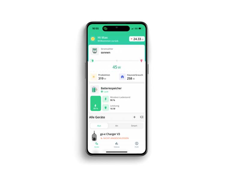 Smartphone-Bildschirm zeigt eine Energiemanagement-App. Die App begrüßt den Benutzer "Max" und zeigt Informationen zum Stromzähler "sonnen", mit einer aktuellen Produktion von 319 W und einem Hausverbrauch von 258 W. Der Batteriespeicher hat einen Mindest-Ladestand von 16 W und eine Leistung von 16 W. Der go-e Charger V3 ist nicht angeschlossen. Oben rechts ist der Börsenstrompreis von 24,33 ct/kWh angezeigt.