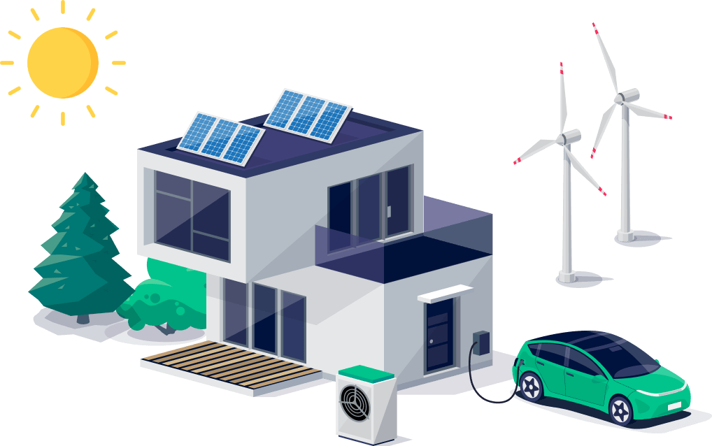 Illustration eines modernen Hauses mit Solarpanelen auf dem Dach, einem Elektroauto an der Ladestation und zwei Windturbinen im Hintergrund. Die Sonne scheint hell, und es gibt Bäume im Umfeld des Hauses, was eine nachhaltige und umweltfreundliche Energiequelle darstellt.