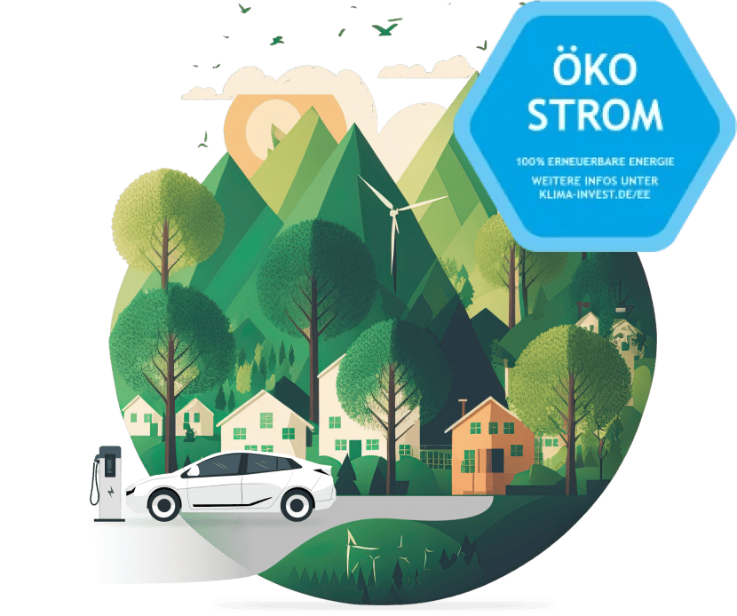 Illustration von einem Elektroauto an einer Ladestation vor einem Dorf mit Häusern und Windturbinen in einer bewaldeten Berglandschaft. Ein blauer Sticker in der oberen rechten Ecke zeigt "Ökostrom - 100% erneuerbare Energie" mit einem Verweis auf weitere Informationen unter klima-invest.de.