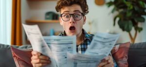 Shocked young man holding papers with a bill and role showing high energy bills at home, surprised black guy sitting in the living room reading scattered paper documents feeling poor