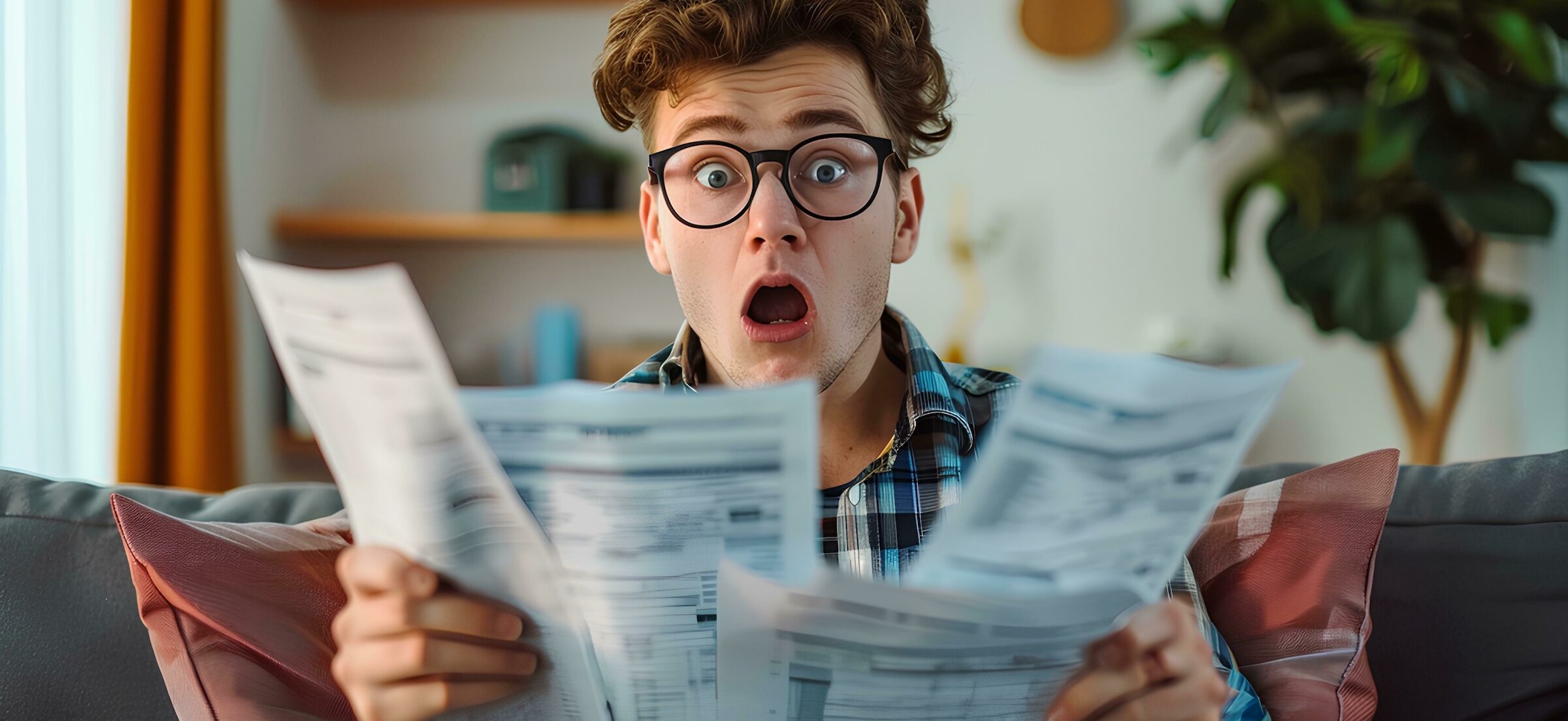 Shocked young man holding papers with a bill and role showing high energy bills at home, surprised black guy sitting in the living room reading scattered paper documents feeling poor