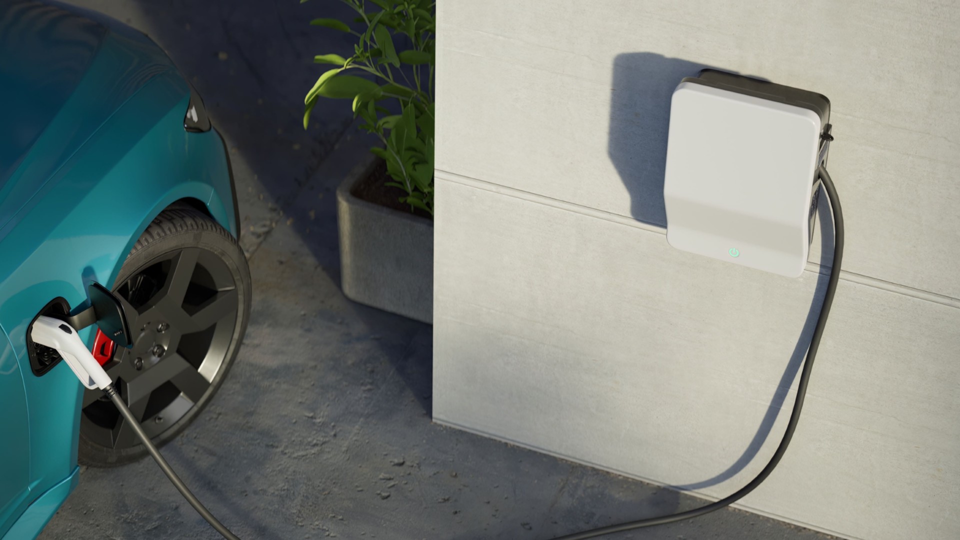 Türkises E-Auto wird mit einer Wallbox aufgeladen