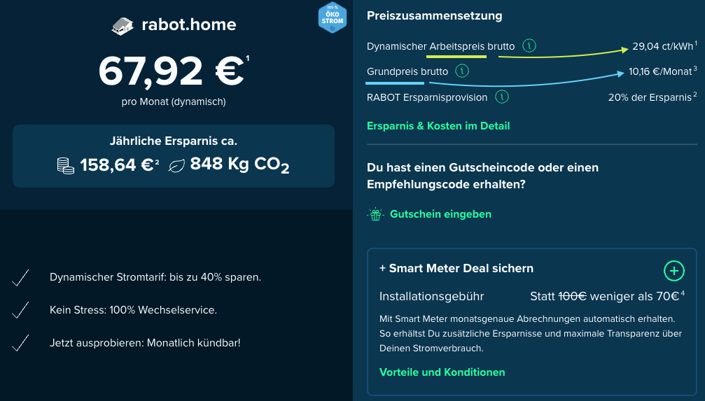 Arbeitspreis und Grundpreis für die Postleitzahl 80336 Deutschland München (Screenshot des Rabot Energy-Preisrechners)
