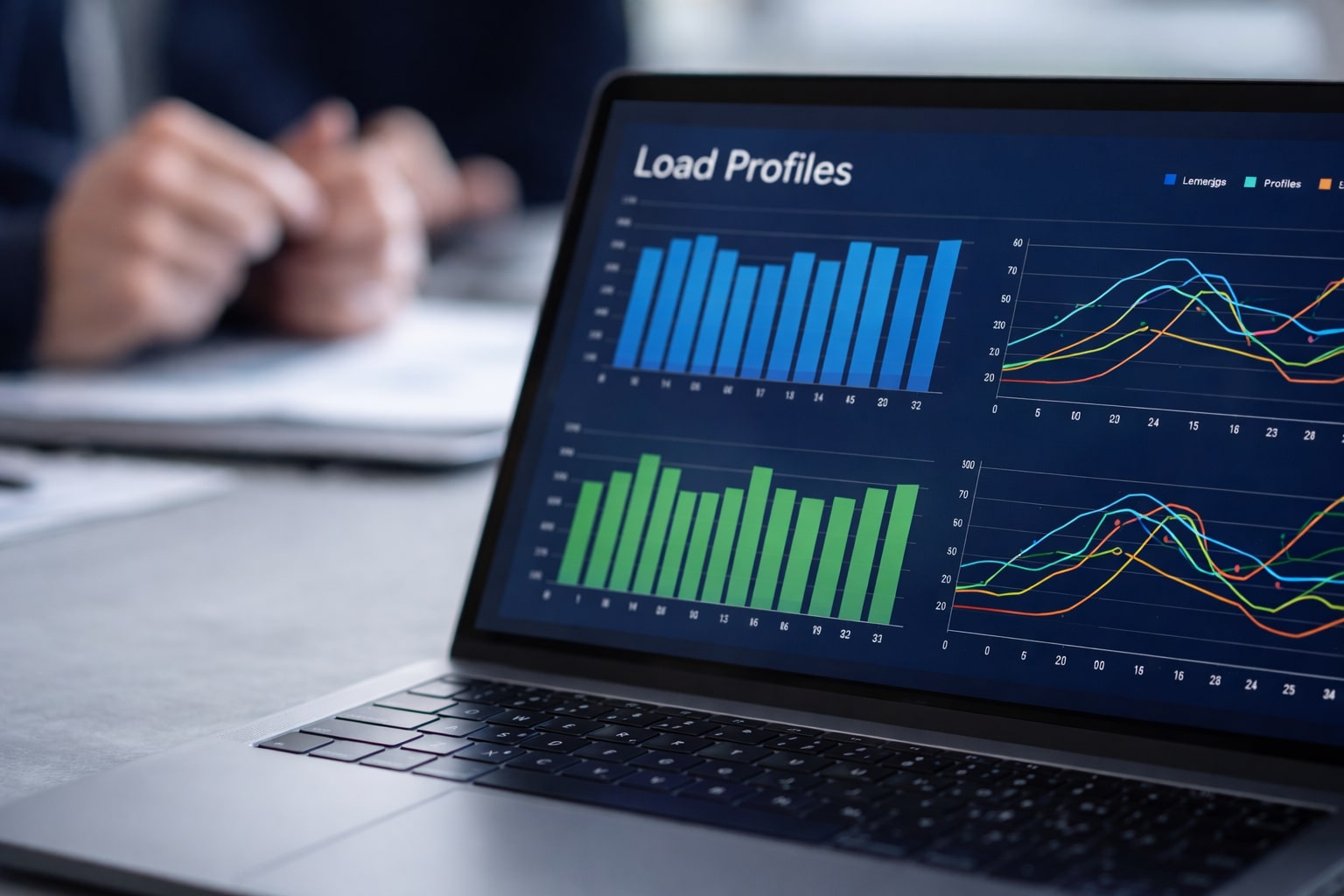 Bildschirm oder Notebook zeigt Lastprofile (unscharf im Hintergrund Hände) AI Generated Rabot Energy