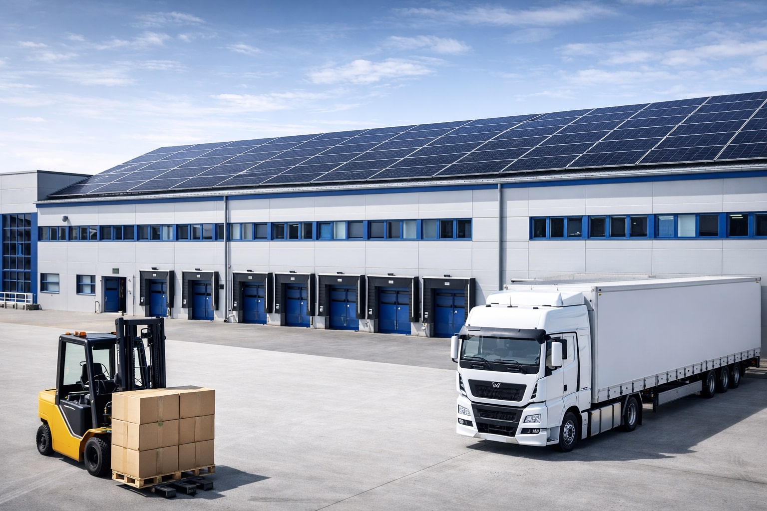Großes Industriegebäude, Solaranlage auf dem Dach, Stapler oder LKW im Vordergrund AI Generated Rabot Energy