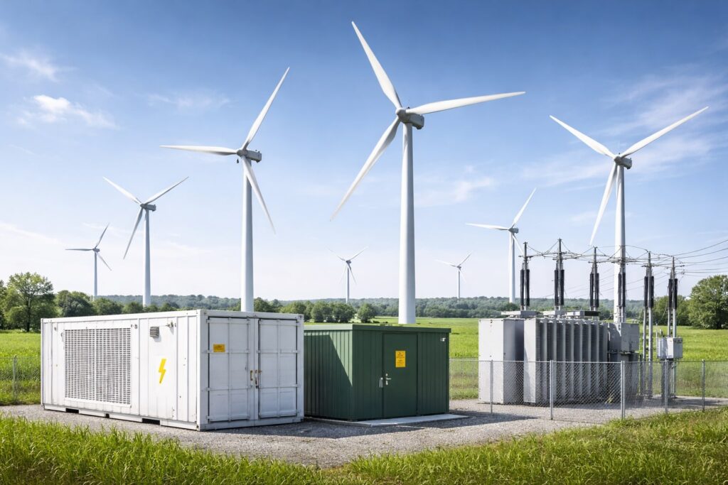 Windräder, vorne leichte technische Strukturen (Container, Trafostation) AI Generated Rabot Energy