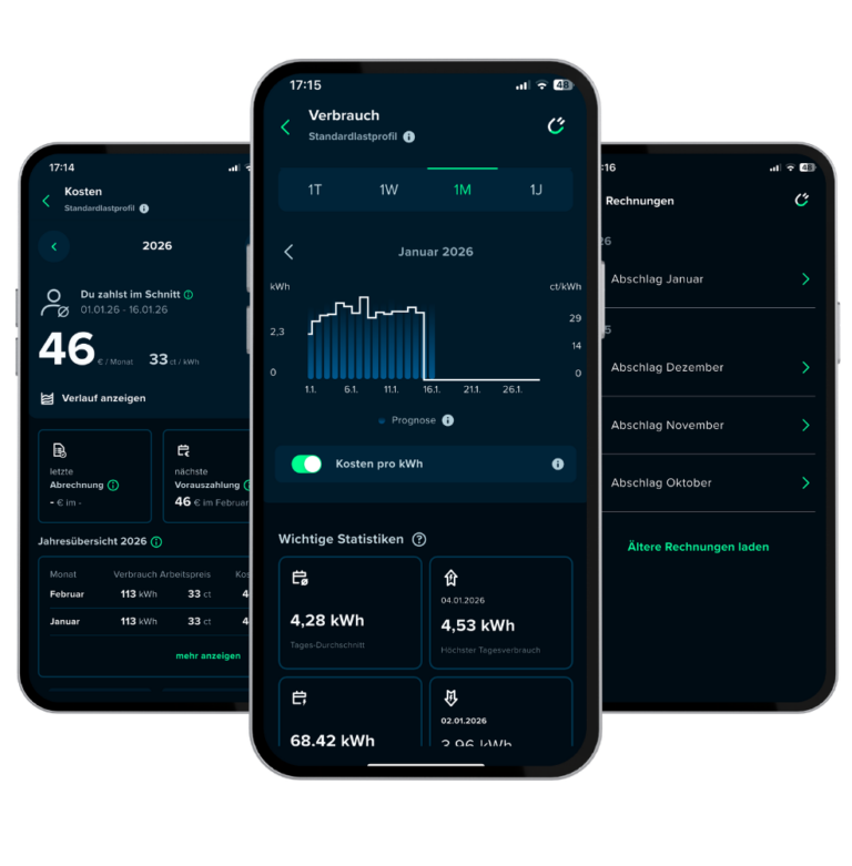 Drei iPhonescreens die das neue Design der Rabot Energy App zeigen