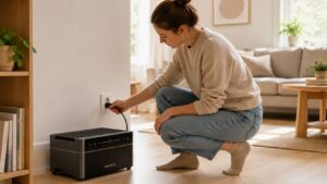 Frau steckt Batteriespeicher in eine normale Steckdose im Wohnzimmer.