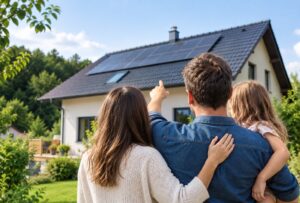 Familie zeigt im Garten auf die Photovoltaikanlage auf dem Dach ihres Einfamilienhauses"