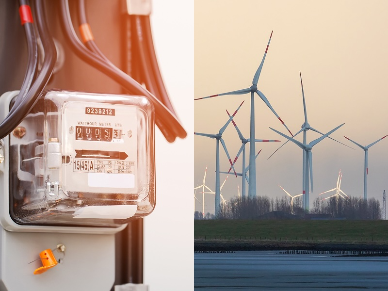 Parallele Darstellung eines Strommessers links und von Windrädern rechts